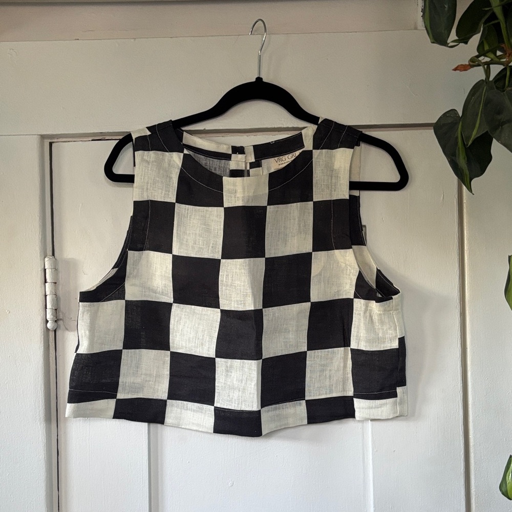 Black and White Checkered Linen Crop Top